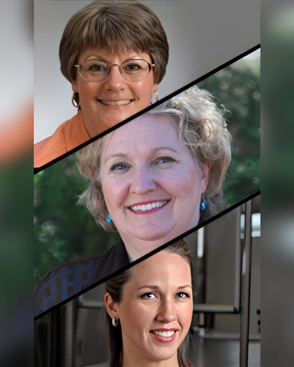 Three women smiling in split image.